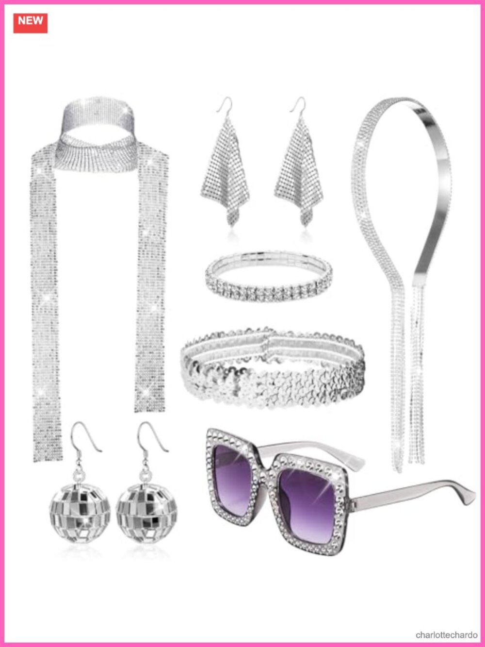 70s Disco Costume Jewelry Set with Headband, Scarf, Sunglasses, Bracelet &